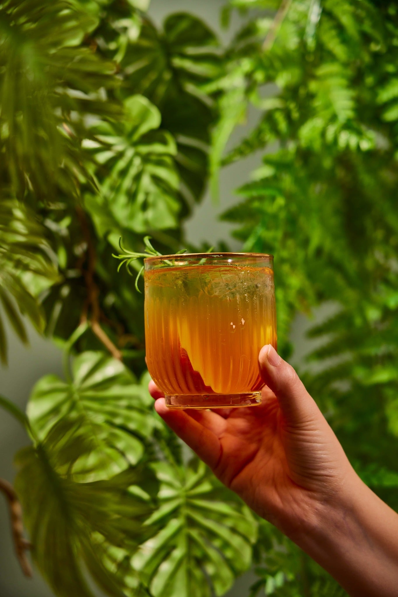 Glass of a Heyu Spicy Peach Vanilla mocktail with plants in the background